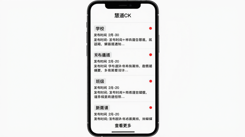 慧道CK通知公告页面,主体是手机屏幕,列表显示多条通知,每条通知有标题、发布时间、摘要,未读的带有红色圆点。布局为常规列表,风格简洁,背景为白色,文字黑色。细节包括通知分类标签(如“学校”、“班级”),底部有“查看更多”按钮,画质高清,干净无多余元素,屏幕上方有“慧道CK”字样。
