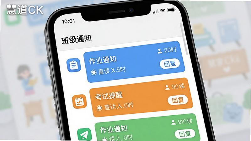 慧道CK家校互通界面,主体是手机屏幕,显示聊天对话列表,顶部有“班级通知”标题,下方有不同颜色的消息卡片,例如“作业通知”为蓝色、“考试提醒”为橙色。布局采用列表式,每条消息左侧有图标,右侧有时间和已读状态。风格简洁,细节包括已读人数、回复按钮,画质高清,干净无多余元素,屏幕上方文字为“慧道CK”。