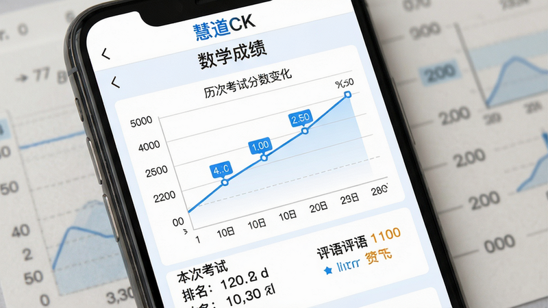 慧道CK成绩查询界面,主体是手机屏幕显示成绩分析页面,顶部有“数学成绩”标题,中间是折线图展示历次考试分数变化,下方是本次考试的详细分数、排名、评语。布局采用图表+文字混合,风格清新,图表线条为蓝色,背景干净。细节包括坐标轴刻度、具体数值标签,画质高清,无多余元素,屏幕上方文字为“慧道CK”。