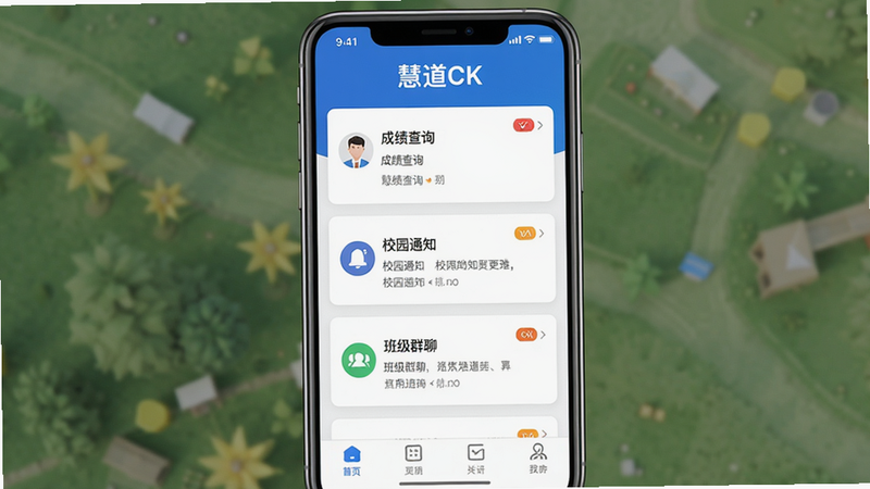 图片展示慧道CK APP的整体界面,主体是一部智能手机屏幕,屏幕内显示家校互动首页,顶部有“慧道CK”Logo,中部是卡片式布局,包含“成绩查询”、“校园通知”、“班级群聊”三个功能区,底部导航栏有四个图标。布局采用垂直滚动排版,风格清新简洁,色彩以蓝色和白色为主,细节包括通知气泡、头像图标,画质高清,干净无多余元素,屏幕上方的文字为“慧道CK”。