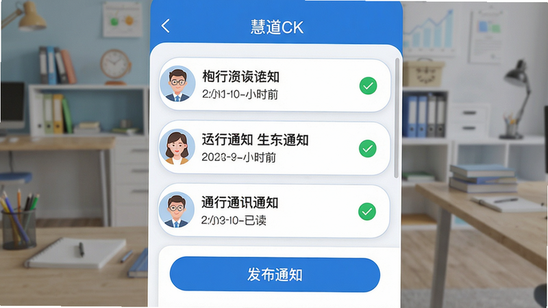 主体:家校通知推送界面;布局:上方为通知列表,每条显示标题、时间、已读状态;下方有“发布通知”按钮;排版:列表清晰,左侧头像右侧内容;风格:简洁商务风,蓝白配色;细节:通知条带圆角,已读标记为绿色对勾;画质:高清晰度,无多余元素,文字“慧道CK”出现在顶部导航栏