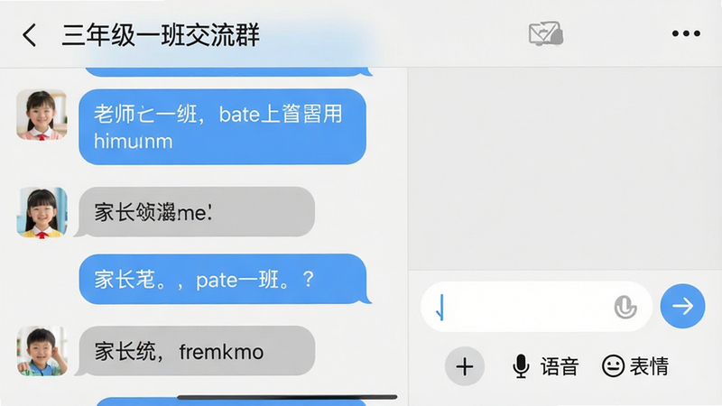 主体:班级群聊界面;布局:左侧为消息气泡列表,右侧为输入框和发送按钮;排版:气泡区分左右,老师消息蓝色,家长消息灰色;风格:模仿主流社交应用,圆角气泡;细节:输入框下方有“+”“语音”“表情”快捷按钮;画质:高清,顶部群名显示“三年级一班交流群”,无多余元素