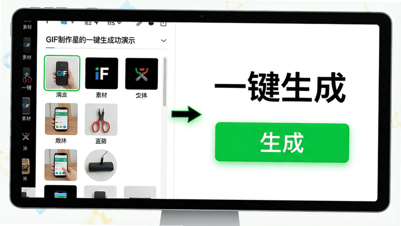 主体:GIF制作星的一键生成功能演示界面,布局:左侧为素材选择区域,右侧为醒目的“生成”按钮,排版:按钮使用绿色高亮,背景白色,风格:简洁直观,细节:箭头指示操作流程,画质:高清,干净,无多余元素,图片上标注文字“一键生成”