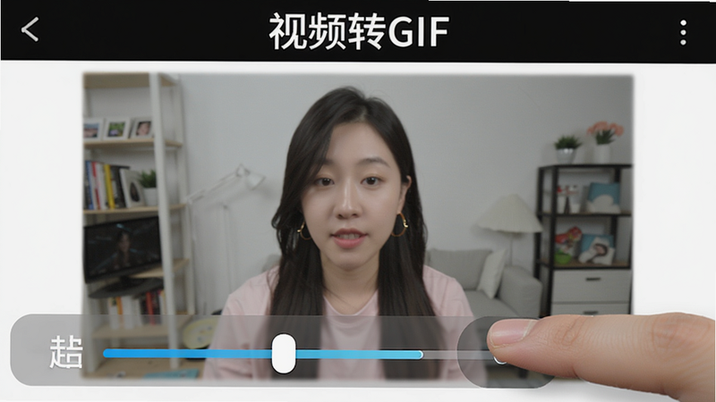 展示GIF制作星视频转GIF操作界面,用户手指正在拖动滑条设置起始点,视频画面在背景中播放,顶部有“视频转GIF”文字,界面元素清晰,色彩明亮,强调精准截取