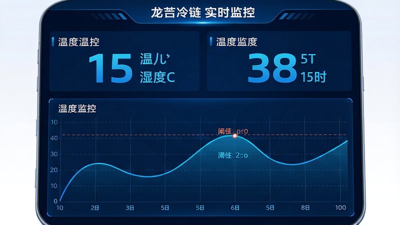 主体:龙刍冷链APP的温湿度监控界面;布局:屏幕分为上下两部分,上方为实时数字显示(温度、湿度),下方为动态曲线图;排版:数字采用大号加粗字体,曲线图带网格线;风格:科技感蓝色调,数据可视化清晰;细节:曲线平滑,有阈值线标注;画质:高清渲染,干净无多余元素,文字标注