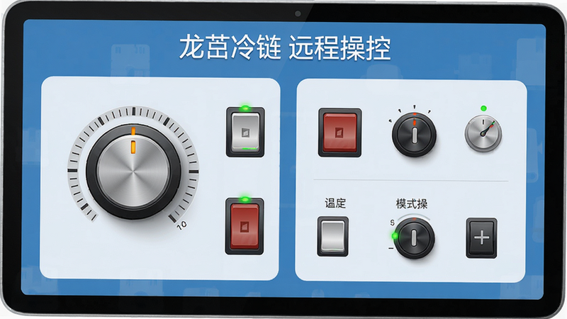 主体:龙刍冷链APP的远程操控界面;布局:界面展示一个冷库设备的控制面板,包含温度设定旋钮、开关按钮、模式选择器;排版:控件排列整齐,左右对称;风格:拟物化图标结合扁平背景;细节:旋钮有刻度,开关带指示灯;画质:高清,干净无多余元素,文字标注