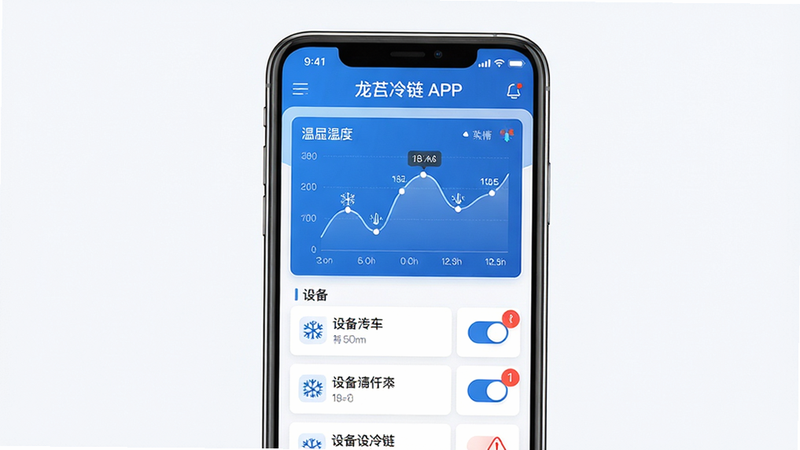 主体:智能手机屏幕显示龙刍冷链APP主界面;布局:居中展示,界面包含顶部状态栏、中间温度曲线图、下方设备列表与告警图标;排版:扁平化卡片式设计,信息层级分明;风格:现代简洁,蓝色主色调搭配白色背景;细节:温度曲线数据点清晰,设备列表带开关按钮,告警图标有数字角标;画质:高清渲染,干净无多余元素,文字标注