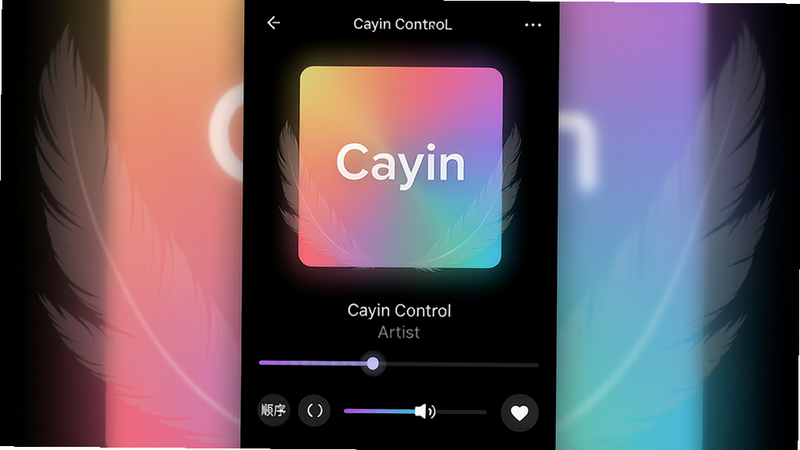 主体:Cayin Control播放界面,当前播放歌曲封面占中心位置,下方显示曲名、艺术家、进度条,底部有播放模式切换(顺序/随机/单曲循环)、音量滑块、收藏按钮。布局:横屏或竖屏居中,封面大图,文字叠层。排版:信息层级分明,留白恰当。风格:黑色背景搭配渐变色彩,极简美。细节:封面边缘有羽化光晕,进度条带有波点动效。画质:极高清晰度,无多余UI干扰。
