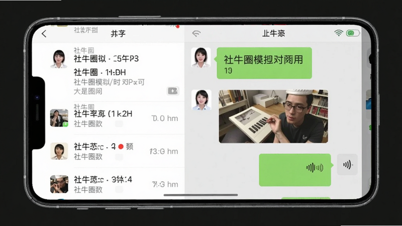 社牛圈模拟微信聊天界面,手机屏幕显示对话列表,有未读消息红点,点击进入聊天窗口,显示多条对话气泡,包含文字、图片和语音消息,界面布局与微信一致,风格现代简洁,细节清晰,画质干净
