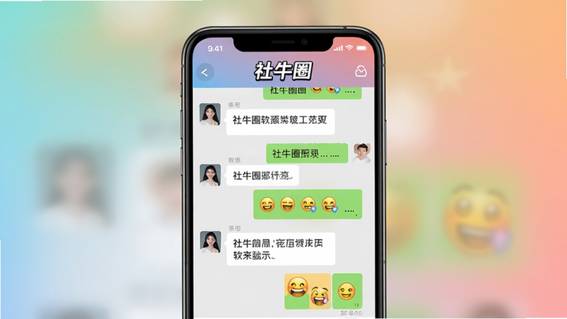 社牛圈软件预览图,展示手机屏幕上的模拟微信聊天界面,背景为渐变色,顶部有“社牛圈”标志,下方显示多条对话气泡,包含文字和表情包,整体风格清新简洁,画质清晰干净,无多余元素