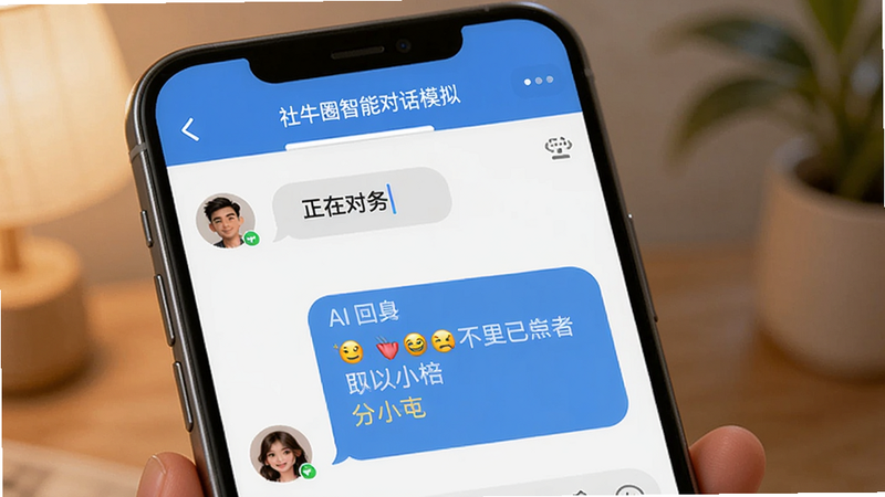 社牛圈智能对话模拟,手机屏幕上显示一个聊天窗口,用户输入框有文字,对方头像旁显示正在输入状态,气泡中显示AI回复内容,带有表情符号,背景柔和,界面友好,画质清晰