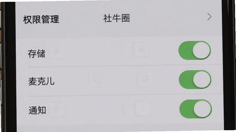 社牛圈使用技巧界面截图,手机屏幕显示设置页面的“权限管理”选项,下方有存储、麦克风、通知三个开关,背景为浅灰色,界面干净整洁,画质清晰