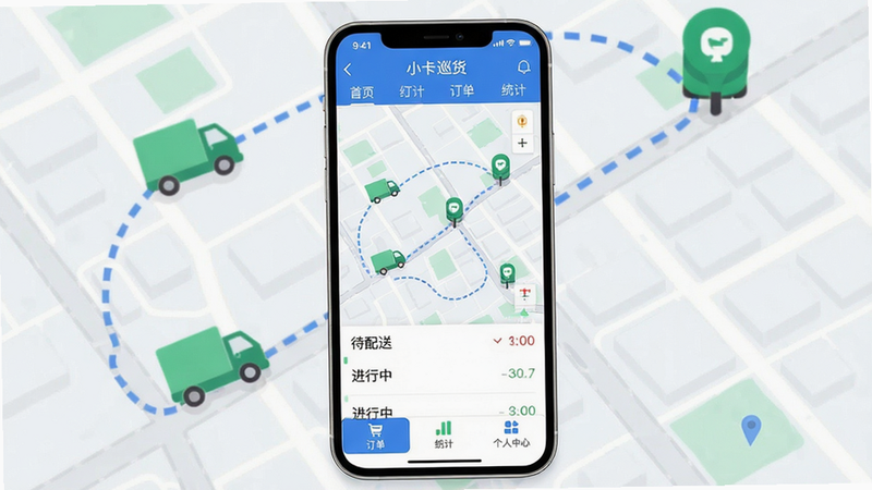 主体:小卡巡货App主界面展示,包含顶部导航栏、中部实时地图(显示货车图标与轨迹)、底部功能按钮(订单、统计、个人中心)。布局:竖屏手机居中,上下结构清晰。排版:信息层级分明,地图占主体。风格:现代扁平化UI,蓝白配色。细节:地图上有多个绿色货车图标,路线上有虚线轨迹,订单列表显示“待配送”“进行中”。画质:高清,干净,无多余元素。