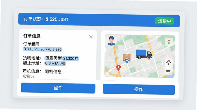 主体:小卡巡货订单详情界面,包含订单编号、货物类型、起止地址、司机信息和实时地图定位。布局:卡片式设计,从上到下依次是订单状态条、货物信息、地图缩略图、操作按钮。排版:信息紧凑,重要字段用蓝色高亮。风格:商务风,浅灰背景搭配蓝白卡片。细节:地图缩略图上显示司机头像和货车图标,状态条有“运输中”绿色标签。画质:高清,干净,无多余元素。