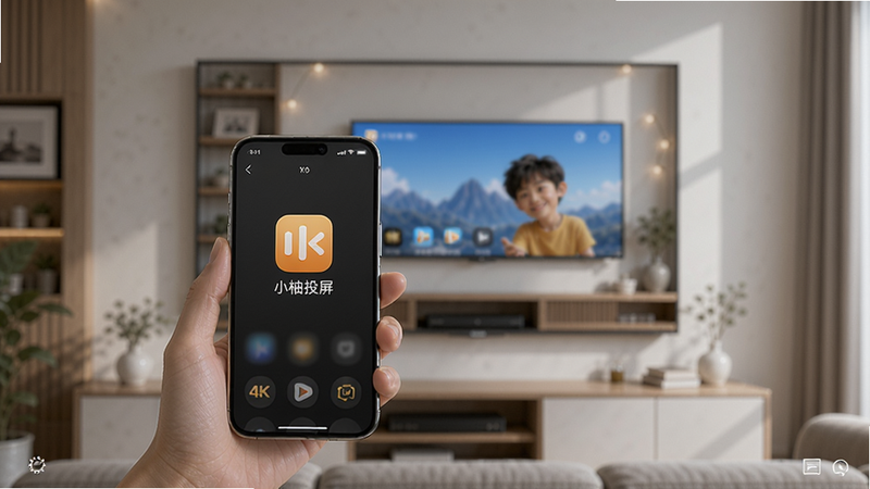 小柚投屏主界面截图上展示手机投屏到电视的场景,背景为客厅电视墙,主体为手持手机与电视大屏镜像同步,布局居中,排版干净,风格写实高清,细节显示手机屏幕上的“小柚投屏”应用图标,画质4K,无多余元素