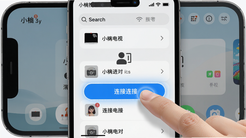 小柚投屏手机界面显示搜索到电视设备列表,用户手指点击连接,布局居中,风格简约UI,细节高亮显示连接按钮,画质干净明亮,无多余元素