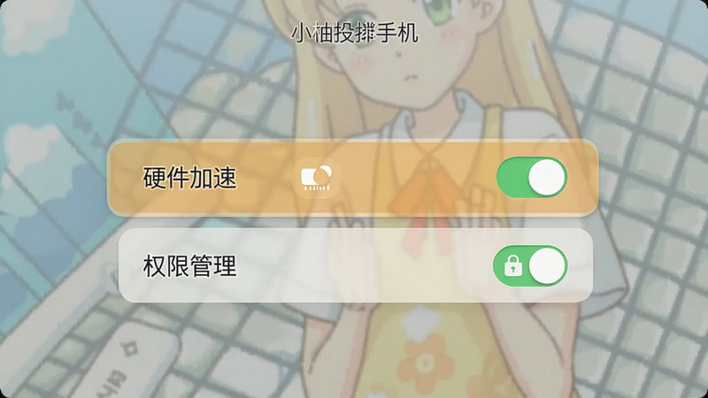 小柚投屏手机设置界面,高亮显示“硬件加速”和“权限管理”选项,布局居中,风格UI设计,细节开关按钮,画质清晰,无多余元素