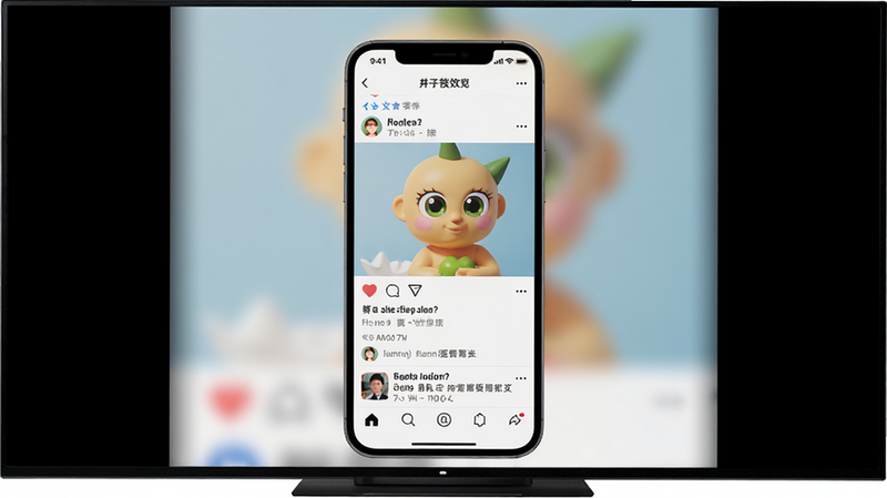 小柚投屏竖屏模式投屏效果,手机竖屏内容在电视上居中显示,两侧有黑色背景,布局整洁,风格简洁,细节手机界面显示社交应用,画质清晰,无多余元素