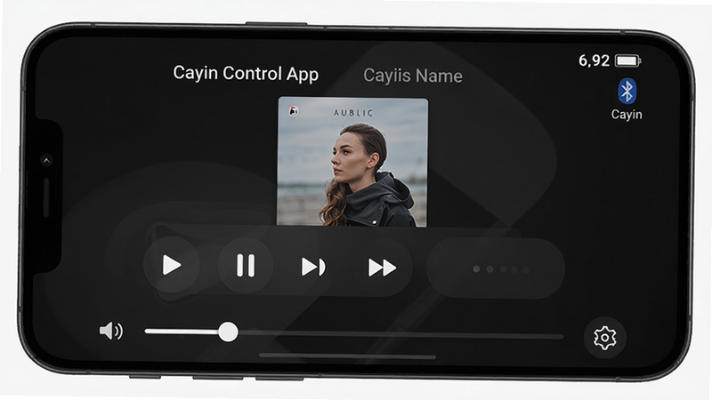 ����Ϊһ�������ֻ���Ļ����ʾCayin Control App�����棻���ֲ������½ṹ������Ϊ�豸���ƣ��в�Ϊר������Ͳ��ſ�����������/��ͣ����һ������һ�������ײ�Ϊ����������������ͼ�ꣻ�Ű����࣬��ťԲ�󣻷��Ϊ��ɫģʽ���ִ�����ϸ�ڰ�����������ͼ��͵�����ʾ�����ʸ��壬�ɾ��޶���Ԫ�ء�