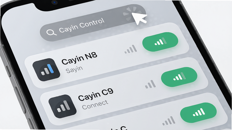 ����Ϊ�ֻ���ĻչʾCayin Control�豸�б��������������������б����г�����豸�����硰Cayin N8������Cayin C9����ÿ���豸�Ҳ������Ӱ�ť������Ϊ�б�ʽ������Ϊǳ�ҽ��䣻����ƽ������ë����Ч����ϸ�ڰ����豸ͼ����źŸ񣻻����������޶���Ԫ�ء�