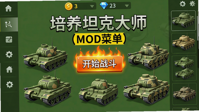 主体:游戏主界面展示《培养坦克大师(MOD菜单)》标题及多辆不同涂装的坦克排列成阵;布局:中央为橙色火焰背景的“开始战斗”按钮,上方有金币、钻石数量显示;排版:界面为竖屏UI,左侧功能菜单栏,右侧坦克图鉴缩略;风格:扁平化+轻微拟物,色彩明亮偏军事绿;细节:每辆坦克炮管、履带纹理清晰,按钮有发光渐变;画质:1080P高清,干净无多余元素,字体为无衬线黑体,文字“培养坦克大师”与“MOD菜单”用黄色高亮标注。