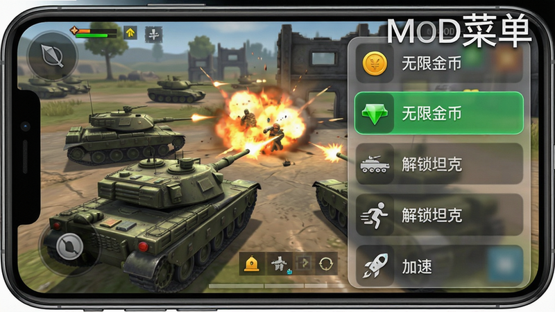 主体:手机屏幕截图显示游戏运行中,右侧半透明MOD菜单展开,列表有“无限金币”“解锁坦克”“加速”等选项;布局:菜单为竖排图标,每个图标带文字标签;排版:屏幕上方显示坦克战斗场景,带爆炸特效;风格:真实手机UI模拟,菜单边缘有毛玻璃效果;细节:菜单项“无限金币”处于激活状态呈绿色,其他为灰色;画质:视网膜屏级别,无多余水印,文字“MOD菜单”用白色字体高亮。