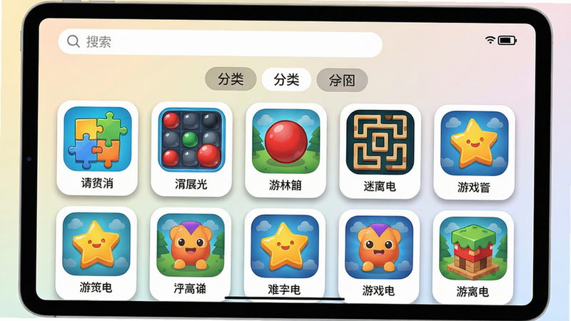 主体:迷你游戏离线一体机应用主界面,展示游戏列表缩略图。布局:居中排列,上方有搜索栏和分类标签,下方为格子状游戏卡片,每张卡片包含图标和名称。排版:简洁的网格布局,卡片圆角,阴影效果。风格:扁平化设计,颜色鲜艳明快,背景为浅色渐变。细节:游戏图标有拼图、消除球、迷宫等元素,界面右上角有电量显示。画质:1080p分辨率,干净整洁无多余元素。