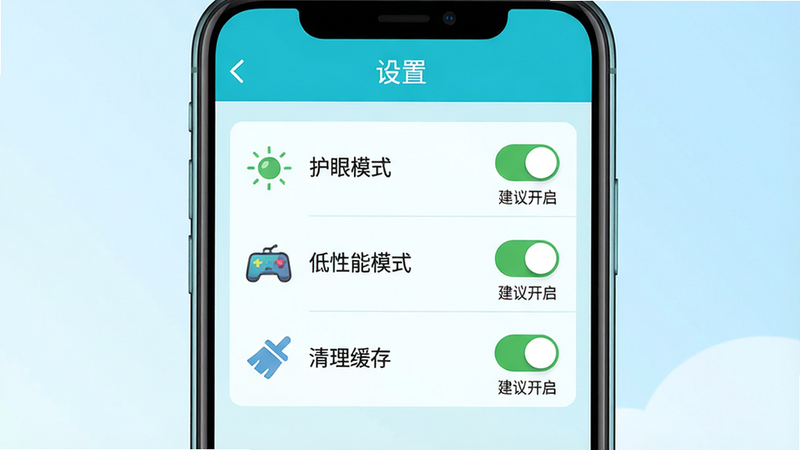 主体:手机屏幕上显示迷你游戏离线一体机的“设置”界面,包含“护眼模式”“低性能模式”“清理缓存”开关。布局:界面居中,青色主题,开关为绿色。排版:列表式排列,每行有图标和文字说明。风格:扁平化UI设计,干净明亮。细节:背景为浅蓝渐变,开关下方有“建议开启”小字提示。画质:高清,无多余光晕。