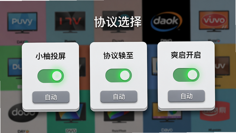 主体:小柚投屏软件设置界面,显示三种协议开关,背景是不同品牌电视图标。布局:居中排列,三个协议以卡片形式并列,每个卡片上有协议名称和状态指示灯。排版:整齐,卡片之间等距,顶部有“协议选择”标题。风格:拟物化结合扁平,指示灯亮绿色表示已开启。细节:卡片边缘有阴影,底部有“自动”按钮。画质:高清,干净无多余元素。