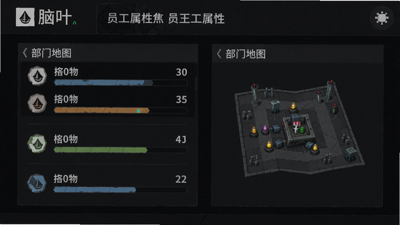 脑叶公司手机版员工属性面板,展示四个属性数值,部门地图,UI简洁清晰,深色风格,细节丰富。