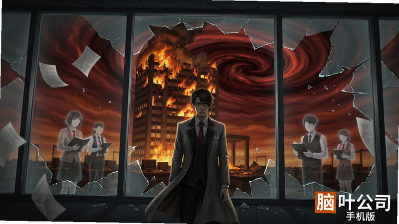 画面主体:脑叶公司手机版结局画面,经理站在破碎的玻璃前,身后是燃烧的公司大楼,远处天空呈现出扭曲的暗红色漩涡。布局为横向宽幅,风格壮丽而悲凉,细节包括飞散的纸片和员工幻影,画质极高,干净无多余元素,右下角有“脑叶公司 手机版”标志。