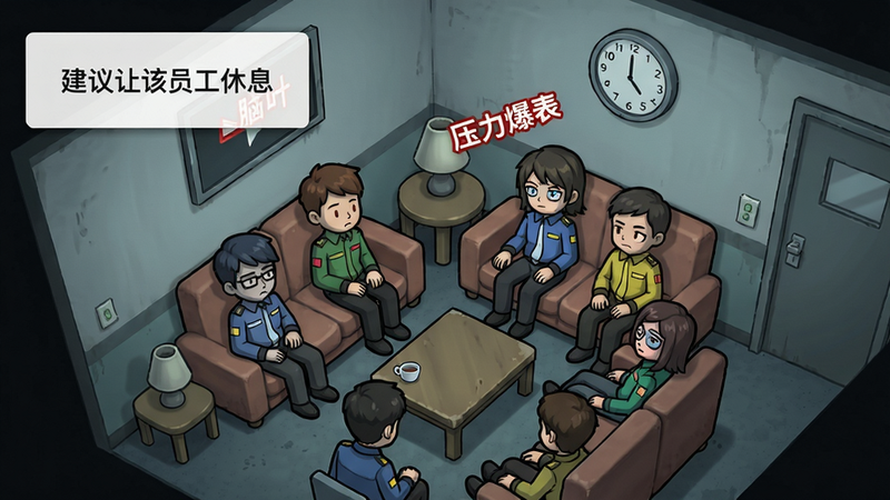 画面主体:脑叶公司手机版员工休息室场景,多名员工围坐在沙发旁,其中一位头顶冒着“压力爆表”红色警示图标,左上角弹出“建议让该员工休息”提示框。布局为全景俯视,排版清晰,风格卡通但带着压抑色调,细节包括员工不同颜色的制服和墙上的时钟,画质高清,干净简洁,文字为中文。