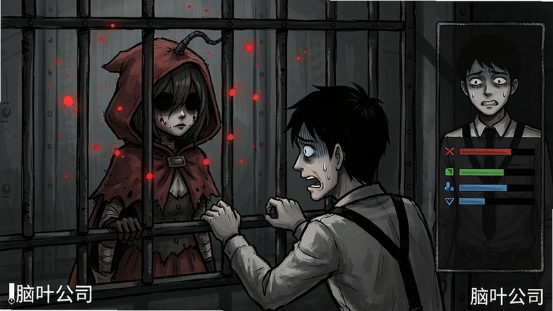 画面主体:脑叶公司手机版中一个收容单元的特写,异常体“小红帽雇佣兵”站在铁栏后,面前有一名员工正在进行压迫工作。布局采用横向特写,右侧显示员工状态面板,风格为暗黑手绘,细节包括员工恐惧表情和异常体周围的红色粒子,画质细腻,干净无多余元素,图片底部有“脑叶公司”水印。