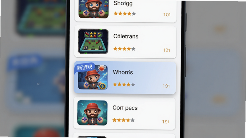 主体:迷你游戏离线一体机的游戏列表页面,布局:竖向滚动列表,每个游戏卡片包含缩略图、名称和星级评分,排版:卡片之间均匀留白,风格:Material Design风格,细节:其中一张卡片高亮显示“新游戏”标签,画质:清晰、无锯齿、色彩柔和。