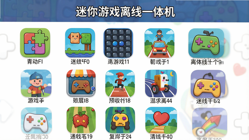 主体:迷你游戏离线一体机的主界面截图,布局:手机竖屏显示,顶部有“迷你游戏离线一体机”标题,下方排列着多个彩色小游戏图标,如拼图、消除、跑酷等,排版:图标整齐排列成3列,风格:扁平化卡通风格,色彩鲜艳明亮,细节:每个图标带有游戏名称和简单图案,画质:高清、干净、无多余UI元素。