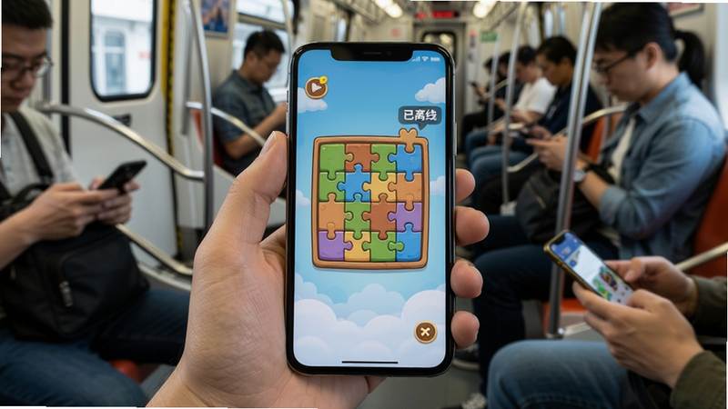 主体:迷你游戏离线一体机离线游玩场景,布局:一只手握着手机,屏幕上显示一个拼图游戏,背景是地铁车厢,排版:手部特写占据画面下半部分,手机屏幕居中,风格:写实生活场景结合卡通游戏界面,细节:手机屏幕上显示“已离线”小图标,周围乘客在玩手机,画质:高清、干净、自然光线。