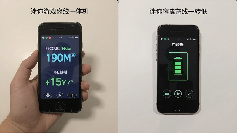 展示迷你游戏离线一体机在老旧手机上流畅运行的对比图,左边显示流畅帧数,右边显示电池消耗低,风格简洁,科技感,画质干净
