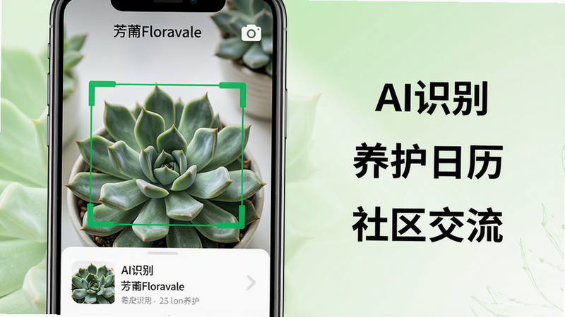 主体:芳圃Floravale应用界面,展示植物识别结果卡片;布局:居中构图,左侧为手机屏幕特写,屏幕内显示一株多肉植物被绿色识别框选中,下方弹出详细养护信息;排版:手机屏幕上方有“芳圃Floravale”字样和相机图标,右侧留白区域用文字标注“AI识别”“养护日历”“社区交流”等关键词;风格:清新自然风,浅绿色渐变背景,干净明亮;细节:植物叶片脉络清晰,屏幕反射柔和光线;画质:4K超高清,细腻无噪点,无多余元素