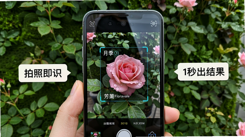 主体:芳圃Floravale的AI识别功能演示;布局:画面中央是一部手机,屏幕显示用户正用相机对准一株粉色月季,识别框内出现“月季”字样及置信度;排版:手机两侧各有一个小提示框,左侧写“拍照即识”,右侧写“1秒出结果”;风格:写实摄影风格,自然光线下,背景是绿植墙;细节:月季花瓣上的水滴清晰可见,手机屏幕反光处理真实;画质:极高分辨率,色彩鲜艳,干净无多余元素