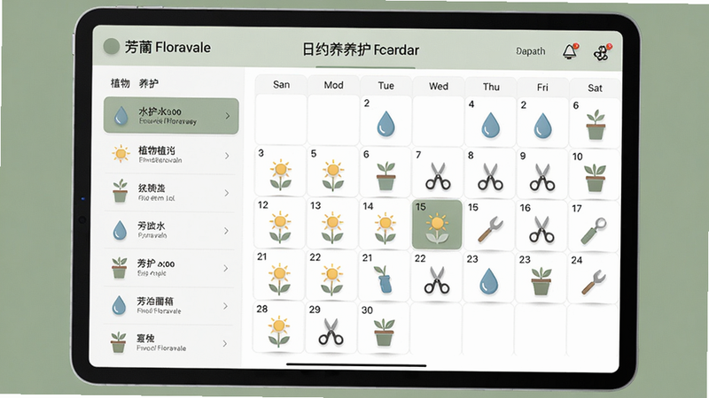 主体:芳圃Floravale的养护日历界面;布局:平板电脑横屏显示,日历视图以周为单位,每个日期下有小图标代表不同养护动作(水滴、太阳、剪刀);排版:左侧列出植物清单,右侧是日历网格,当前日期高亮;风格:扁平化UI设计,柔和的莫兰迪色系;细节:图标精致,有轻微阴影,字体清晰;画质:2K分辨率,界面整洁无多余元素