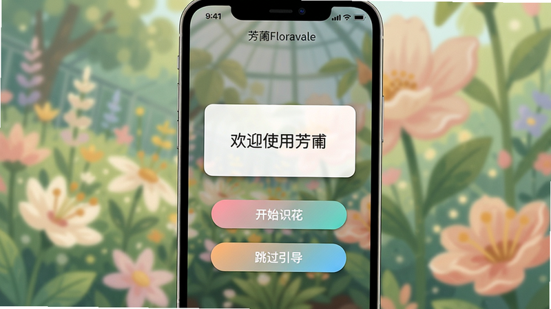 主体:芳圃Floravale在手机上的运行截图,展示新手引导页面;布局:手机竖屏,屏幕中央显示“欢迎使用芳圃”的对话框,下方有“开始识花”“跳过引导”按钮;排版:对话框四周有轻量阴影,背景是模糊的花园照片;风格:清新插画风,柔和色调;细节:按钮有渐变效果,文字清晰;画质:高清,无多余元素