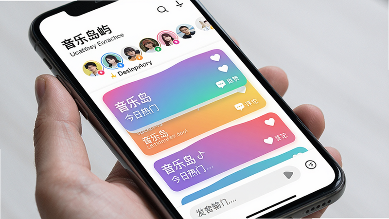 主体:手机屏幕展示线岛中一个名为“音乐岛”的群组页面,顶部为岛屿名称和成员头像排列,中部为一条条彩色卡片动态,底部有发言输入框,布局从上到下,排版清晰,风格为现代简约UI,细节包括动态卡片上的点赞和评论按钮,画质干净,无多余元素,图片中文字为“音乐岛 今日热门”,alt属性:线岛群组预览图