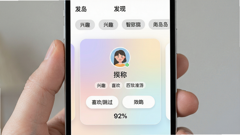主体:手机屏幕显示线岛的“发现”页面,顶部为兴趣标签选择栏,中部为一张用户卡片,卡片上有人物头像、昵称、兴趣标签和“喜欢/跳过”两个按钮,布局居中,排版卡片式,风格为柔和渐变背景搭配圆角卡片,细节包括卡片底部的匹配度百分比数字“92%”,画质干净,无多余元素,alt属性:线岛智能匹配页面