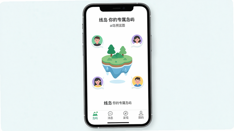 主体:一部智能手机屏幕上显示线岛APP的主界面,界面中央是一个漂浮的绿色小岛图标,周围环绕着多个圆形头像气泡,布局居中,排版清爽,风格为扁平化插画风,细节包括底部导航栏有“岛屿”“消息”“发现”“我的”四个标签,画质高清,干净无多余元素,图片中文字为“线岛 你的专属岛屿”,alt属性:线岛预览图