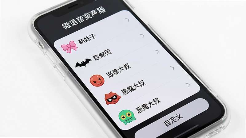 一个手机屏幕展示「微语音变声器」的音效列表页,列表项从萌妹子到恶魔大叔依次排列,每个名称左侧都带有彩色小图标(如粉色蝴蝶结、黑色蝙蝠等),最下方有一个“自定义”按钮。手机壳为透明磨砂质感,背景为简约白色,明亮干净,突出软件名称“微语音变声器”。