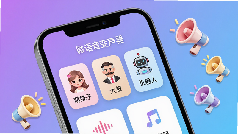 画面中央是一部手机屏幕特写,屏幕内显示「微语音变声器」App主界面,上方有“萌妹子”、“大叔”、“机器人”等音效卡片,界面采用圆角卡片式设计,背景为渐变色(紫蓝过渡),手机旁边散落着几个可爱的小喇叭图标。整体风格清新活泼,画质清晰干净,无多余元素。