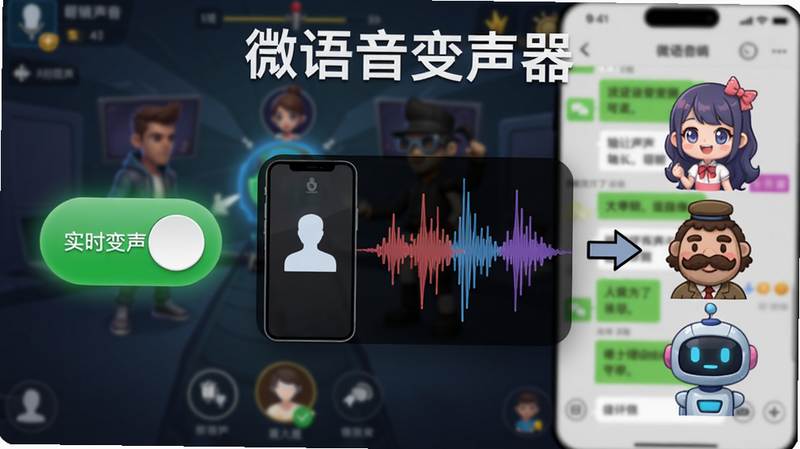 画面左侧是一个“实时变声”开关按钮(绿色高亮),右侧波形图显示输入声音(人形符号)经过手机后变成不同颜色的声波(红、蓝、紫),箭头指向三个卡通角色:萌妹子、大叔、机器人。背景是游戏对战界面和微信聊天界面模糊叠层,画质细腻,主题突出「微语音变声器」。