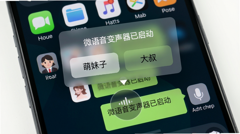 手机屏幕显示微信聊天界面,顶部出现一个半透明悬浮窗,上面写着“微语音变声器已启动”,悬浮窗内有“萌妹子”、“大叔”两个快捷按钮。背景是手机桌面,图标简洁,画面中心突出变声器悬浮窗与微信对话气泡的互动,画质高清,无杂乱元素。