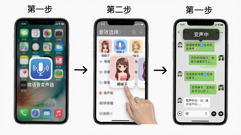 一张操作流程图,从左到右分为三步。第一步:手机桌面图标“微语音变声器”被点击;第二步:界面显示音效选择列表,手指点击“萌妹子”卡片;第三步:手机上出现微信聊天窗口,顶部悬浮窗显示“变声中”。画风简洁,箭头连接,背景白色,画质清晰,主题明确。