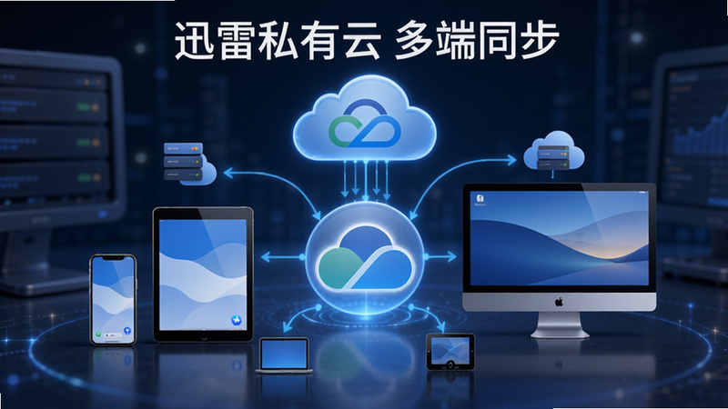 一张展示迅雷私有云多端同步场景的示意图,主体为多台设备(手机、平板、电脑)围绕云盘图标,布局居中,云端数据流向各设备,风格科技感,蓝色基调,画质高清,文字标注“迅雷私有云多端同步”。